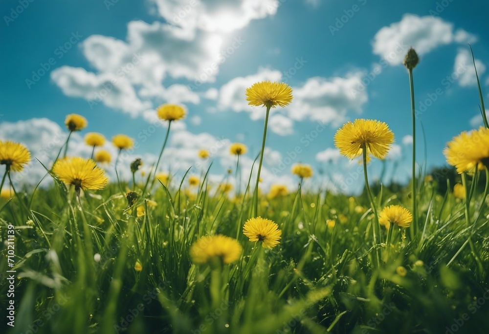 Juicy fresh young grass with yellow dandelions close-up on summer nature on blue sky background with Juicy fresh young grass with yellow dandelions close-up on summer nature on blue sky background with