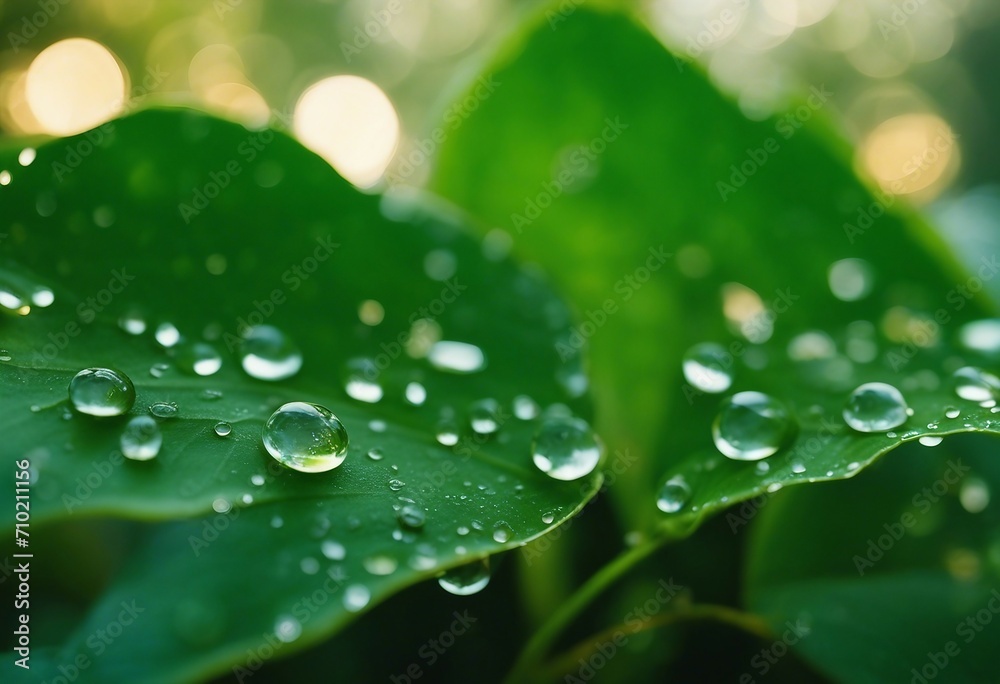 Large beautiful drops of transparent rain water on a green leaf macro Drops of dew in the morning gl Large beautiful drops of transparent rain water on a green leaf macro Drops of dew in the morning gl