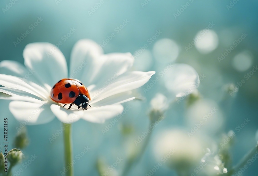 Ladybug on white flower on light blue background in rays of light with a soft focus on nature outdoo Ladybug on white flower on light blue background in rays of light with a soft focus on nature outdoo
