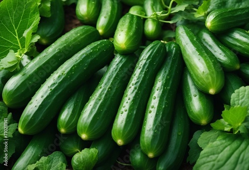 Group of fresh beautiful young cucumbers on the ground against a background of juicy green leaves Ha
