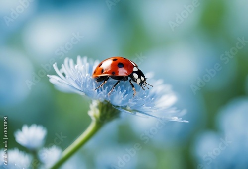 Ladybug close-up on a fluffy flower spring or summer outdoors macro soft focus Light blue blurred ba