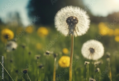 Lot of dandelions close-up on nature in spring against backdrop of summer lawn field and blue sky Th