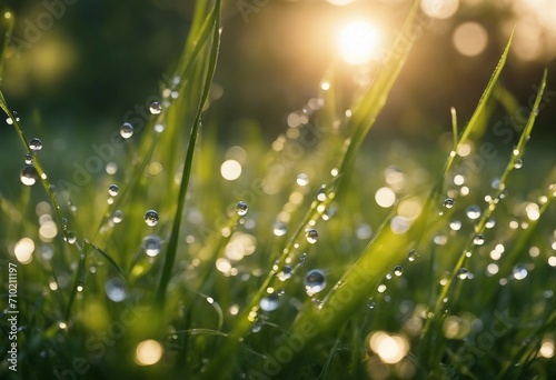 Many dew drops glow and sparkle in sun in morning fresh wet grass in nature Beautiful bokeh circles