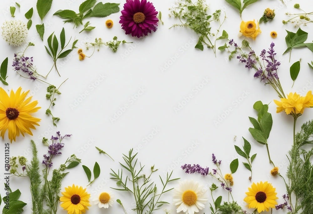 Set of wild flowers herbs grass and twigs field plants color floral elements beautiful decorative na