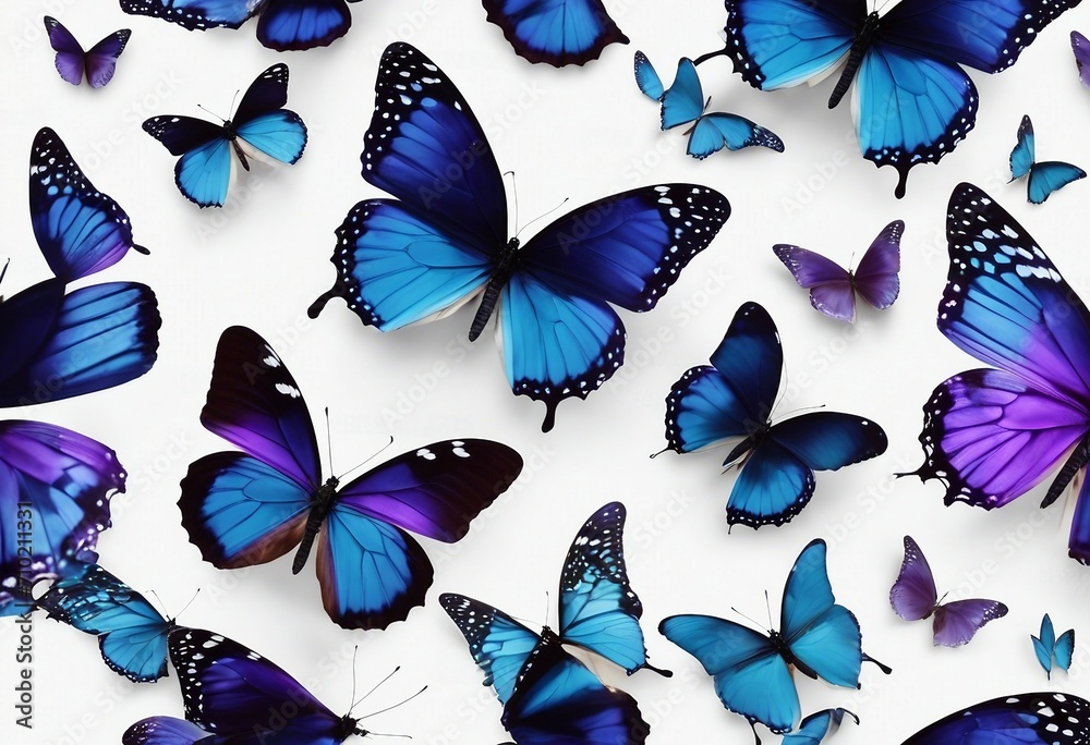 Set two beautiful blue with purple butterflies isolated on white background Butterfly with spread wi - obrazy, fototapety, plakaty 