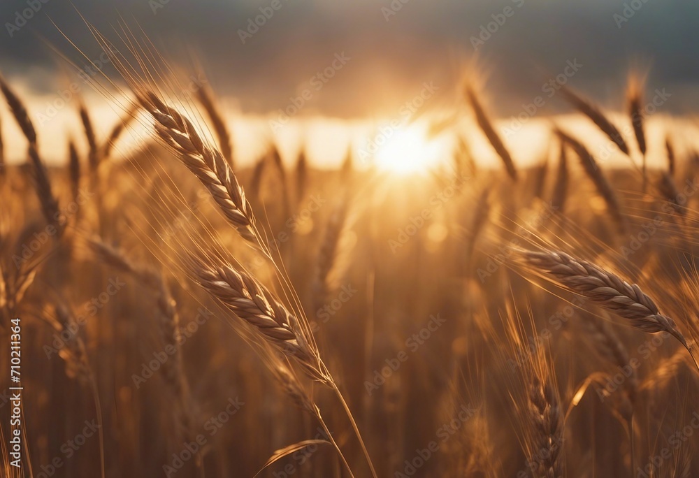 Spikes of ripe rye in sun close-up with soft focus Ears of golden wheat Beautiful cereals field in n