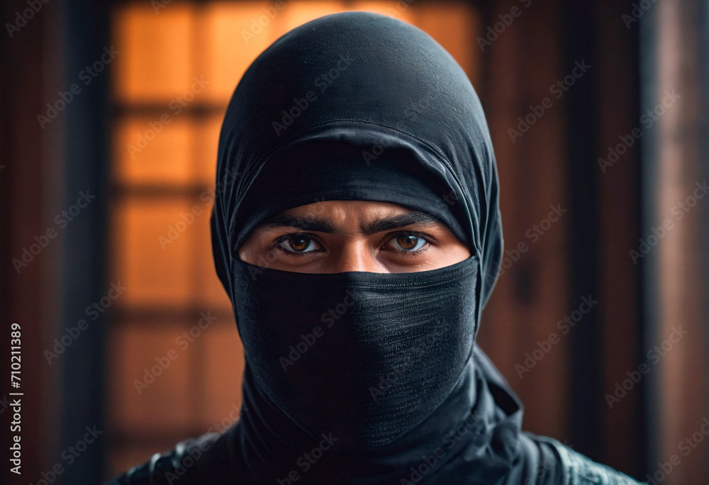 a male ninja with a black mask on his face covering his face. a male ninja with a black mask on his face covering his face.