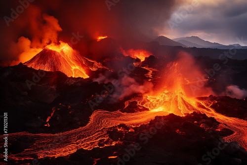 Iceland Volcanic eruption 2021. The volcano Fagradalsfjall is located in the valley Geldingadalir close to Grindavik and Reykjavik. Hot lava and magma coming out of the crater