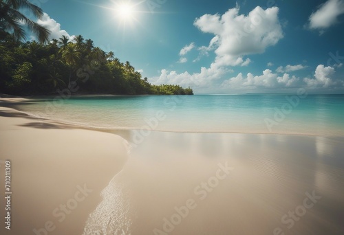 Sand spit of tropical island receding into distance Fine sunny summer day Sky with light clouds merg