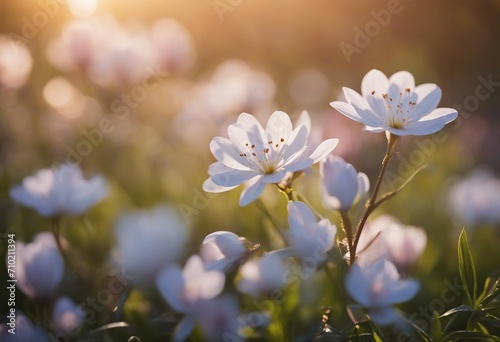 Spring two blooming forest flowers in soft focus morning at sunrise in sun outdoor close-up macro Sp