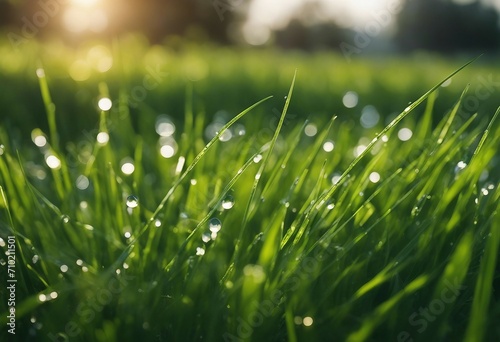 Very beautiful wide-format photo of green grass close-up in an early spring or summer morning with d