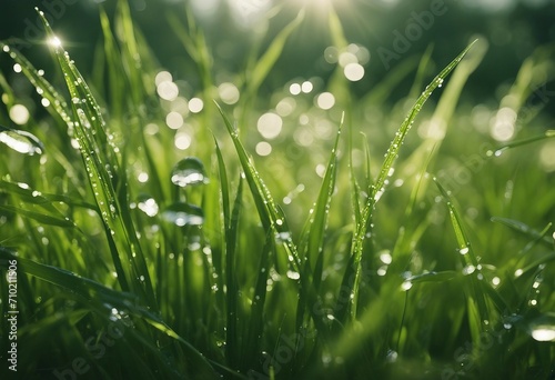 Very beautiful wide-format photo of green grass close-up in an early spring or summer morning with d