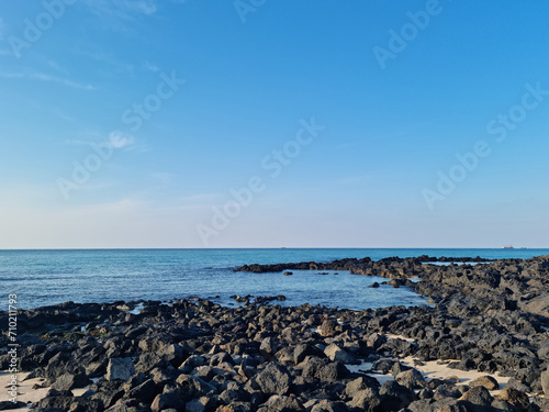 This is a Jeju seascape with basalt rocks.