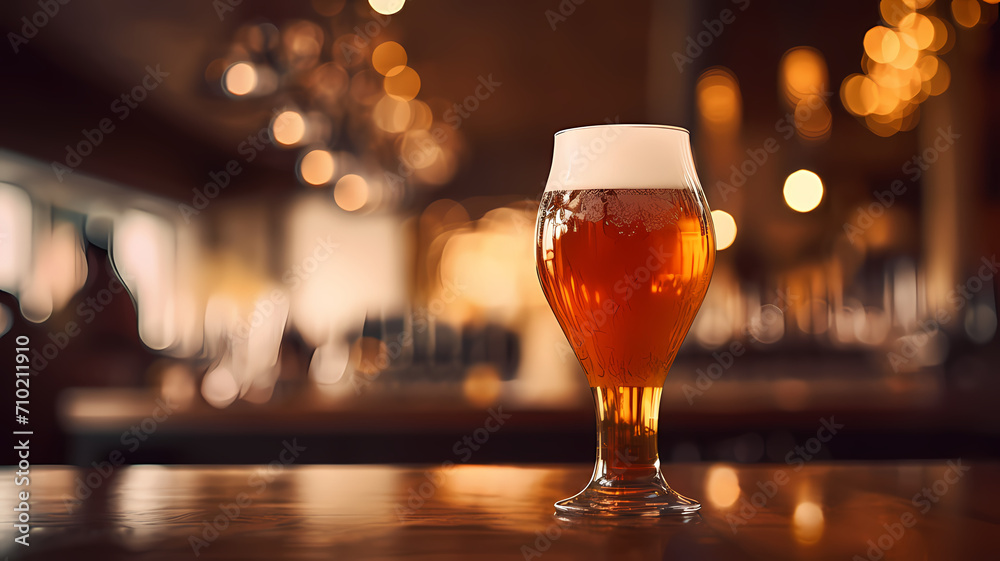 A close up of a beer in a beer glass on a bar table