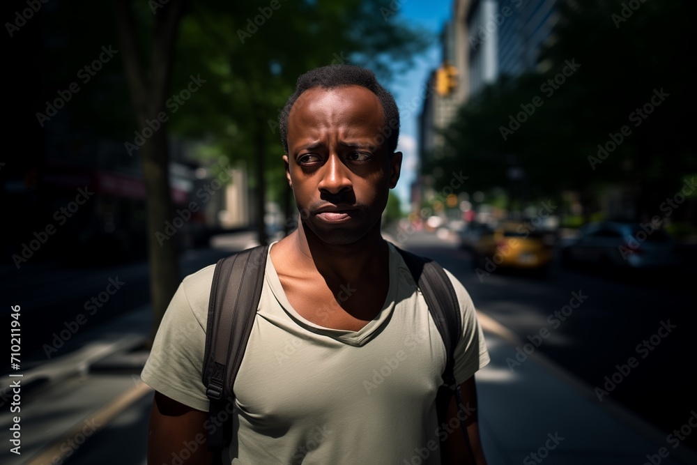 Ordinary man on city street serious face