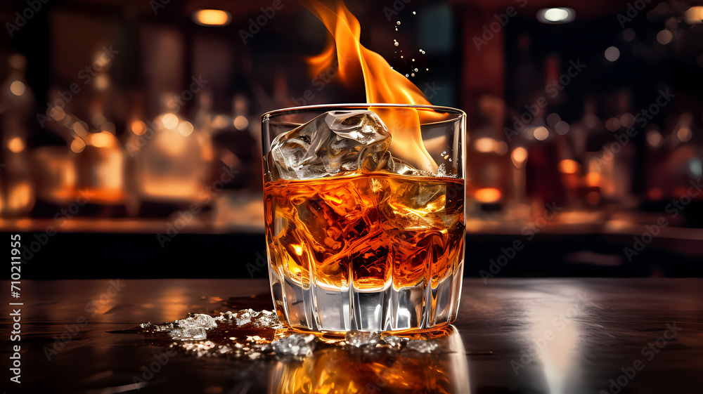 A whiskey drink in a glass with smoke coming out of the top of the glass on a bar table A whiskey drink in a glass with smoke coming out of the top of the glass on a bar table