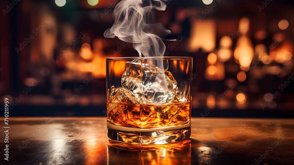 A whiskey drink in a glass with smoke coming out of the top of the glass on a bar table - obrazy, fototapety, plakaty 