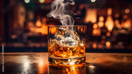 A whiskey drink in a glass with smoke coming out of the top of the glass on a bar table