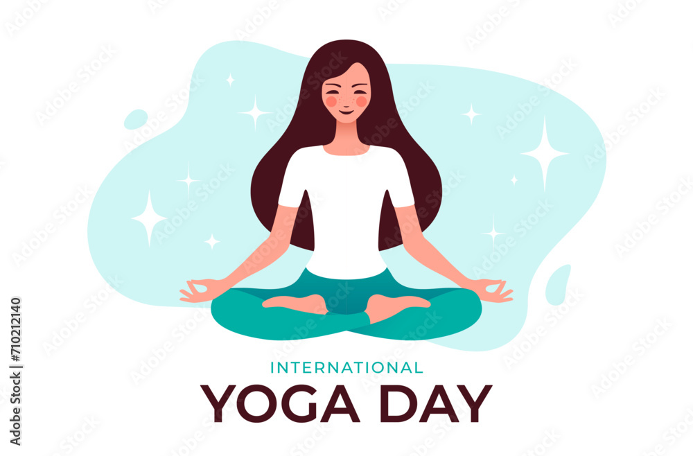 Woman in yoga meditation pose. Beautiful woman sitting in yoga lotus meditation pose, relax, breath on white background. Greeting card, poster, banner for Yoga International Day. Vector illustration