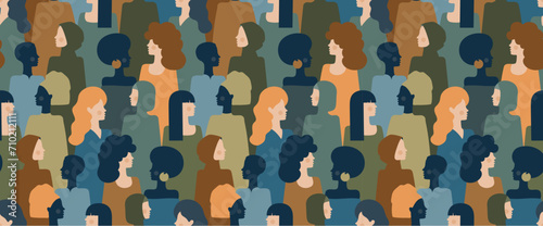 Pattern crowd beauty young women, trendy seamless background. Pattern diverse stylish woman different nationalities, races, ethnicity. Background woman, graphic seamless pattern. Vector Illustration