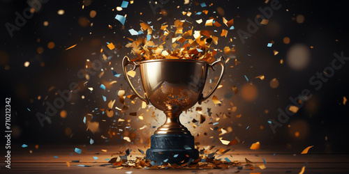 Golden reward trophy prize competition champion first place mock up Winner trophy with flames, golden champion cup with falling confetti on dark vertical background.AI Generative