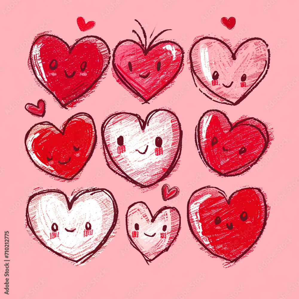 Doodle seamless pattern with hearts from hand drawing for valentine’s day. Set of red heard and love symbol graphic collection.