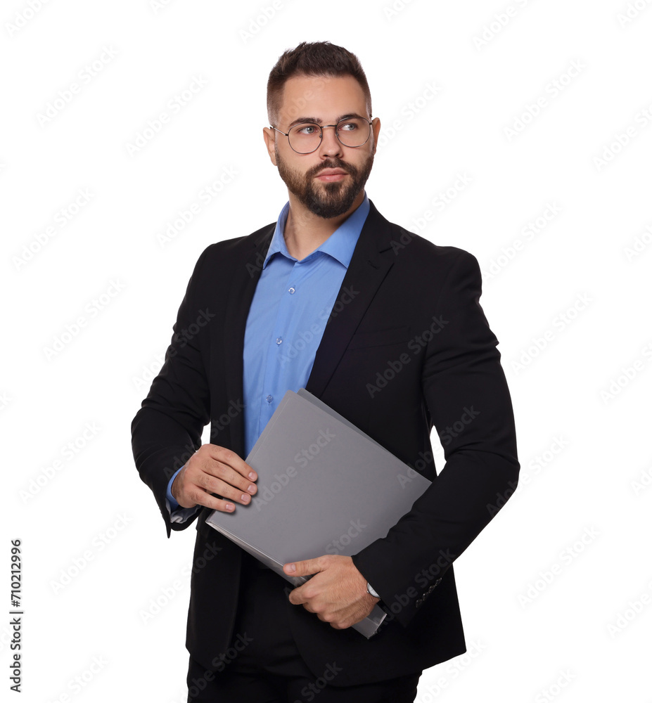 Portrait of serious man in glasses with folders on white background. Lawyer, businessman, accountant or manager Portrait of serious man in glasses with folders on white background. Lawyer, businessman, accountant or manager