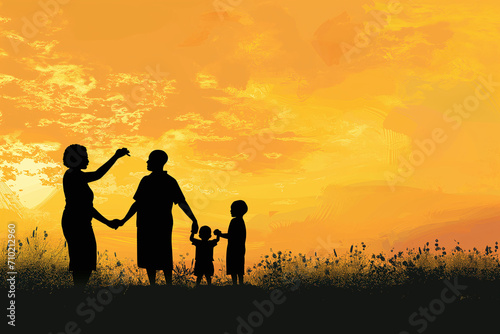 Rear view of an African American family holding hands enjoying a sunset on a small hill. © Centric 