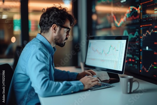 Business man trader broker analyst investor using laptop computer analyzing stock exchange trade crypto market financial digital data investing finances in stockmarket working in office, Generative AI