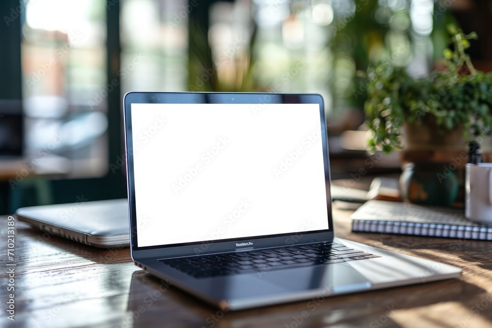Laptop pc mock up template design on office workplace desk, white mockup empty blank computer screen on office work table business web technology at modern workspace, Generative AI Laptop pc mock up template design on office workplace desk, white mockup empty blank computer screen on office work table business web technology at modern workspace, Generative AI