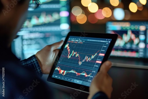 Trader broker analyst investor holding tab in hands using digital tablet technology analyzing financial exchange market growth in dark night office. Stock trade investment concept. Generative AI