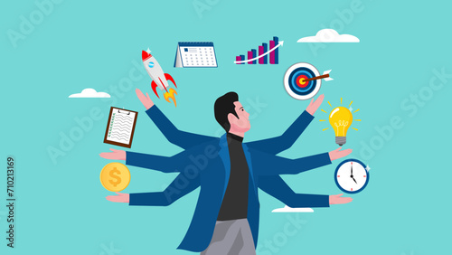 multitalented worker, multiple project management concept illustration, juggle multiple project concept, professional businessman manage multiple project at the some time vector illustration