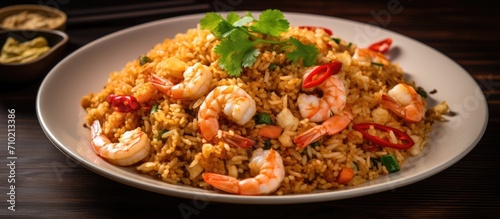 Thai-style Asian food: Shrimp fried rice on a plate.
