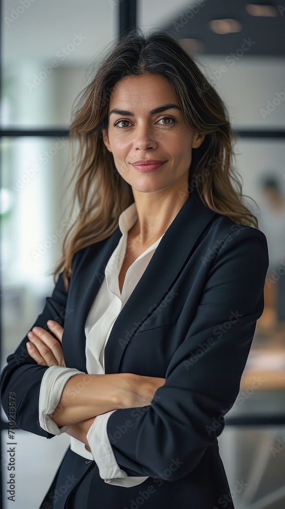 Naklejka premium Smiling confident Latin professional mid aged business woman in 40s, corporate leader, happy mature female executive, lady manager standing in office arms crossed looking at camera, Generative AI