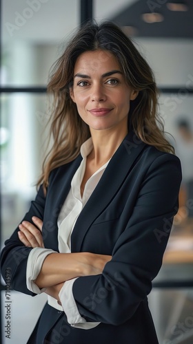 Free Download Smiling confident Latin professional mid aged business woman in 40s, corporate leader, happy mature female executive, lady manager standing in office arms crossed looking at camera, Generative AI - GFXLoad