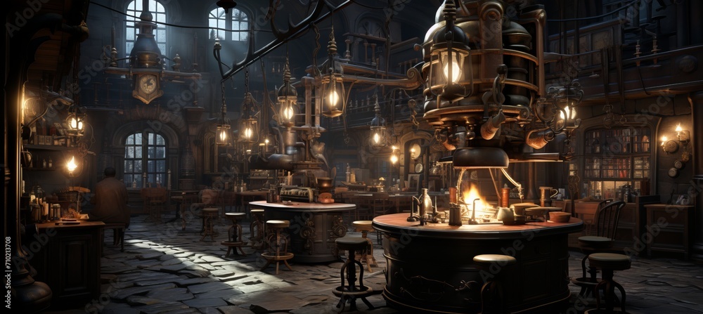Enchanting steampunk laboratory  brass machinery, glowing concoctions, gears, stained glass