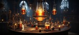 Steampunk laboratory with brass machinery, glowing concoctions, gears, and stained glass windows.
