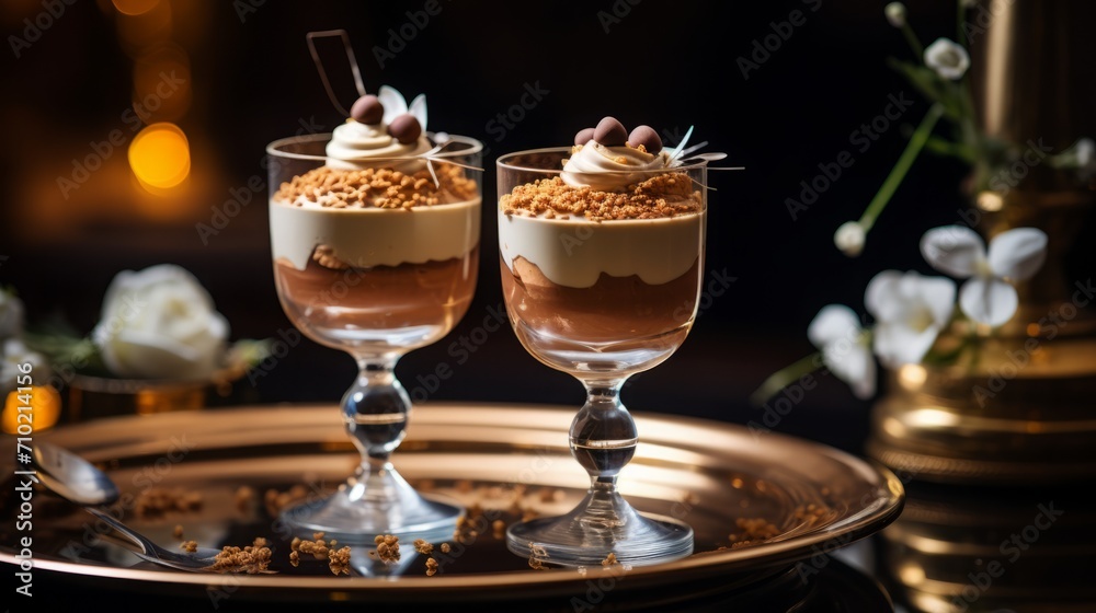 
Elegant shots of chocolate mousse in decorative glasses, emphasizing the sophistication of this classic dessert,