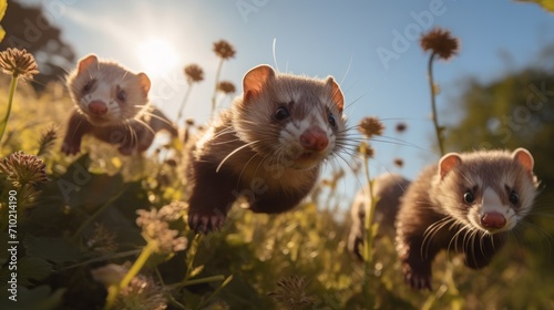Energetic shots of ferrets playfully tumbling and exploring their environment, showcasing the lively and social nature of these small mammals