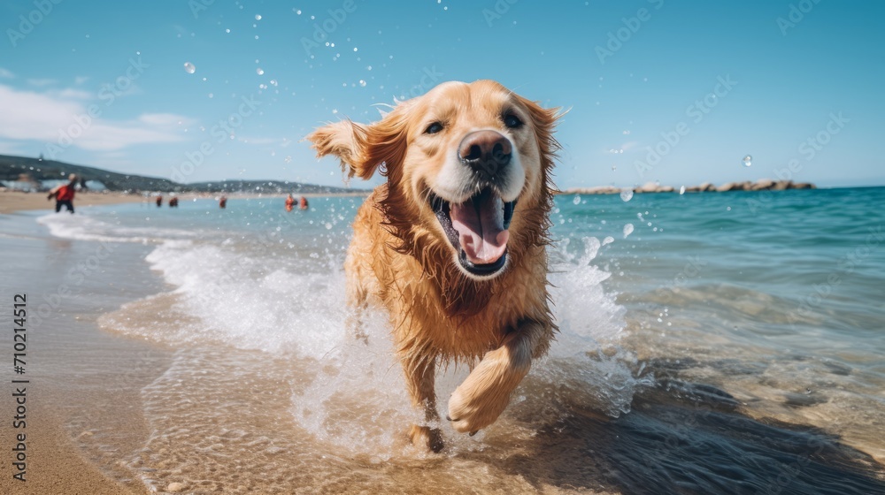 Joyful scenes of a golden retriever enjoying a day at the beach,side wiev, capturing the excitement and happiness of a playful pet,