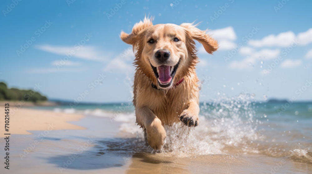 Joyful scenes of a golden retriever enjoying a day at the beach,side wiev, capturing the excitement and happiness of a playful pet, Joyful scenes of a golden retriever enjoying a day at the beach,side wiev, capturing the excitement and happiness of a playful pet,