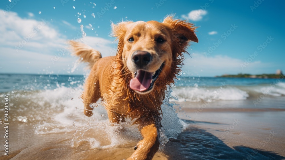 Joyful scenes of a golden retriever enjoying a day at the beach,side wiev, capturing the excitement and happiness of a playful pet,