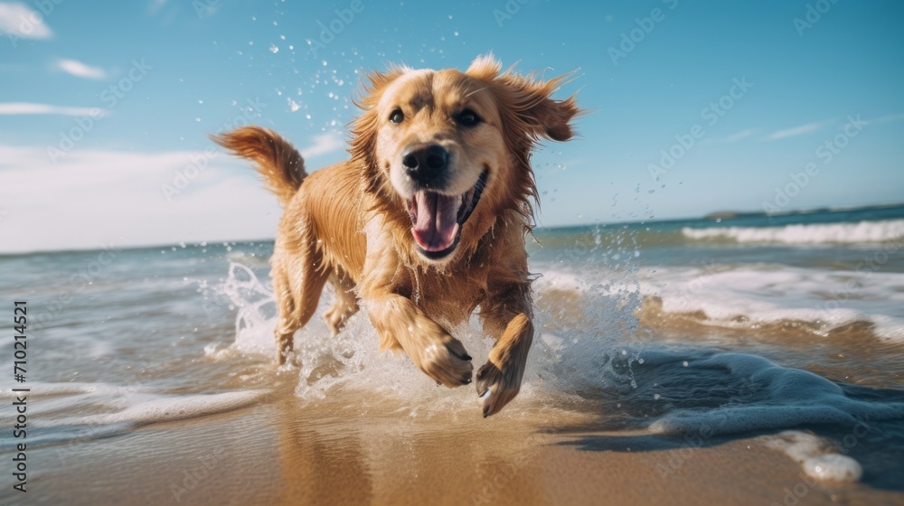 Joyful scenes of a golden retriever enjoying a day at the beach side wiev, capturing the excitement and happiness of a playful pet,