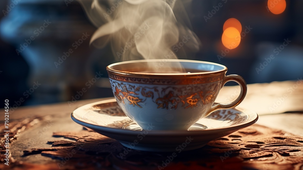 Macro shots emphasizing the aromatic steam rising from a freshly brewed beautiful old cup of coffee