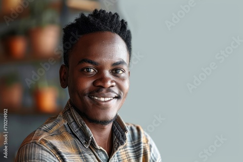 Smiling cheerful young adult african american ethnicity man looking at camera standing at home office background. Happy confident black guy posing for headshot face front closeup portrait,GenerativeAI © Lumina Frame
