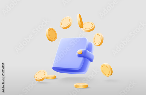 Money Saving icon concept. Finance Wallet, Golden coins floating around wallet on isolate yellow background, 3d vector illustration