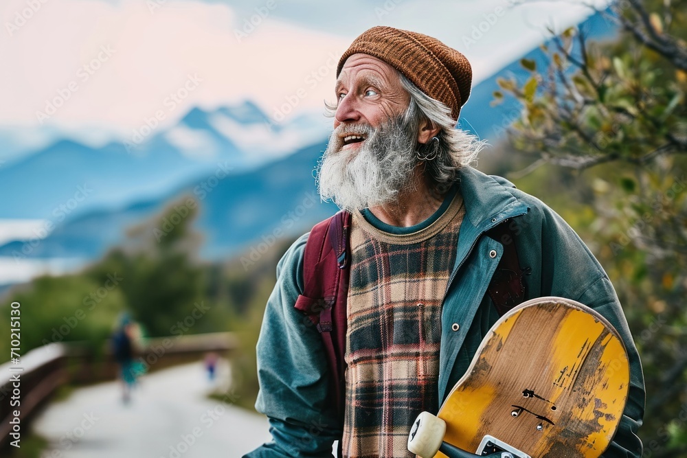 Active cool happy bearded old hipster man standing in nature park holding skateboard. Mature traveler skater enjoying freedom spirit and extreme sports hobby on mountains background, Generative AI - obrazy, fototapety, plakaty 