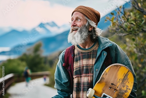 Active cool happy bearded old hipster man standing in nature park holding skateboard. Mature traveler skater enjoying freedom spirit and extreme sports hobby on mountains background, Generative AI photo