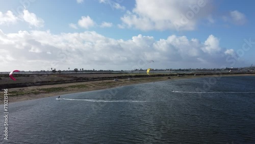 Aerial View Of People Kite Surfing On Fiesta Island Park In San Diego, California; Fun Outdoor Activities; Extreme Water Sports.