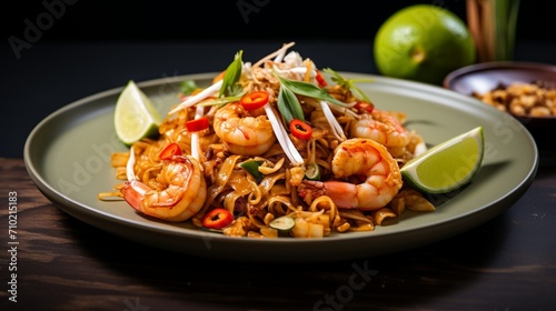 A detailed shot of Pad Thai with shrimp on a neutral background, highlighting the dish's details and inviting the viewer to savor the flavors.